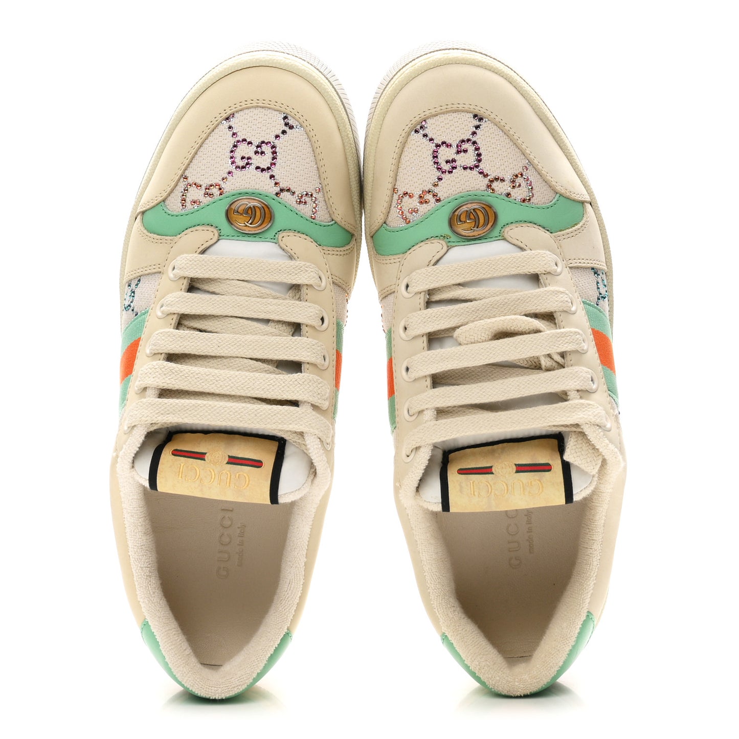 Miro Soft Calfskin Canvas Lame Crystal GG Monogram Web Screener Sneakers 37.5 Gardenia Silver Mystic White