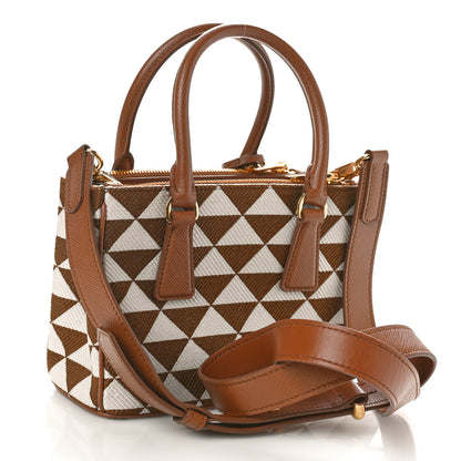 Prada Jacquard Saffiano Triangolo Symbole Embroidered Mini Galleria Double Zip Tote Tabacco Talco 3 of 9