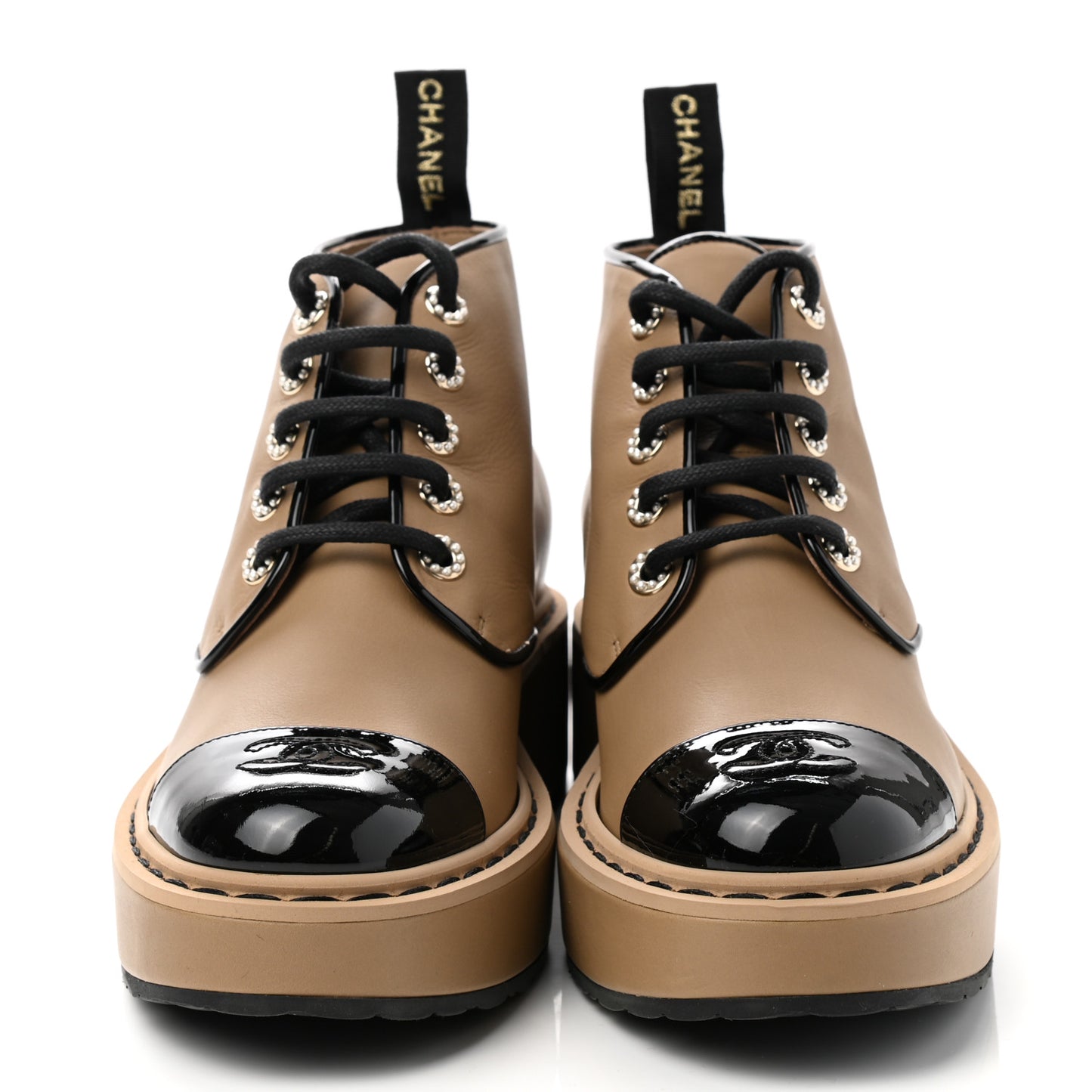Calfskin Lace Up CC Short Boots 37 Beige Black