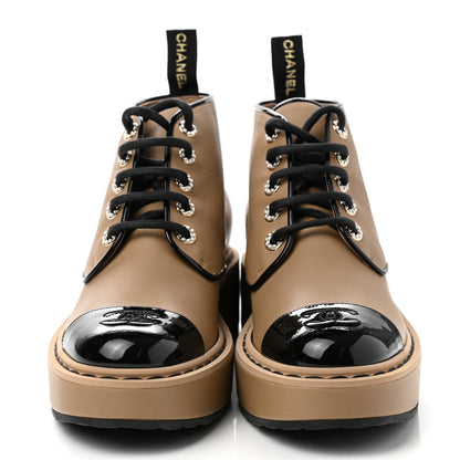 Chanel Calfskin Lace Up CC Short Boots 37 Beige Black 2 of 9