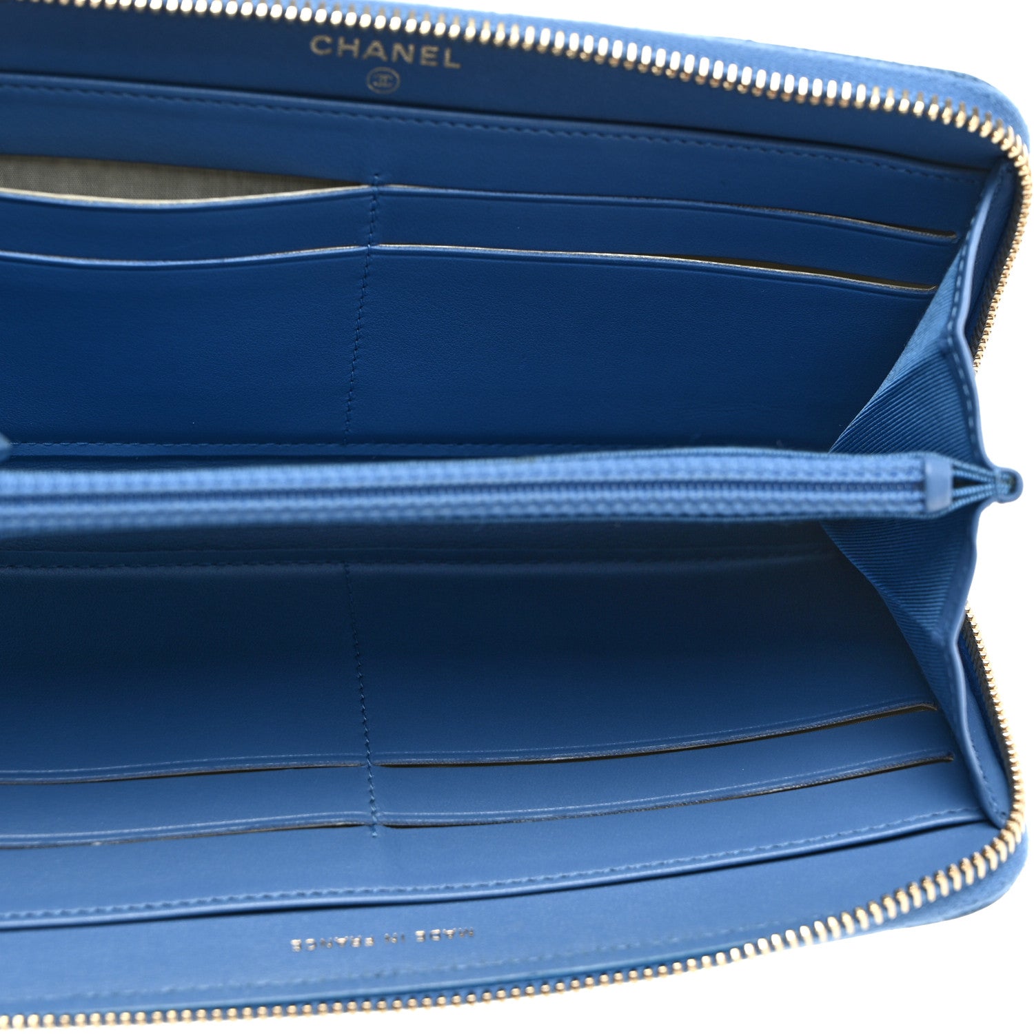 Chanel Iridescent Caviar Chevron Quilted Large Gusset Zip Around Wallet Bright Blue 5 of 8