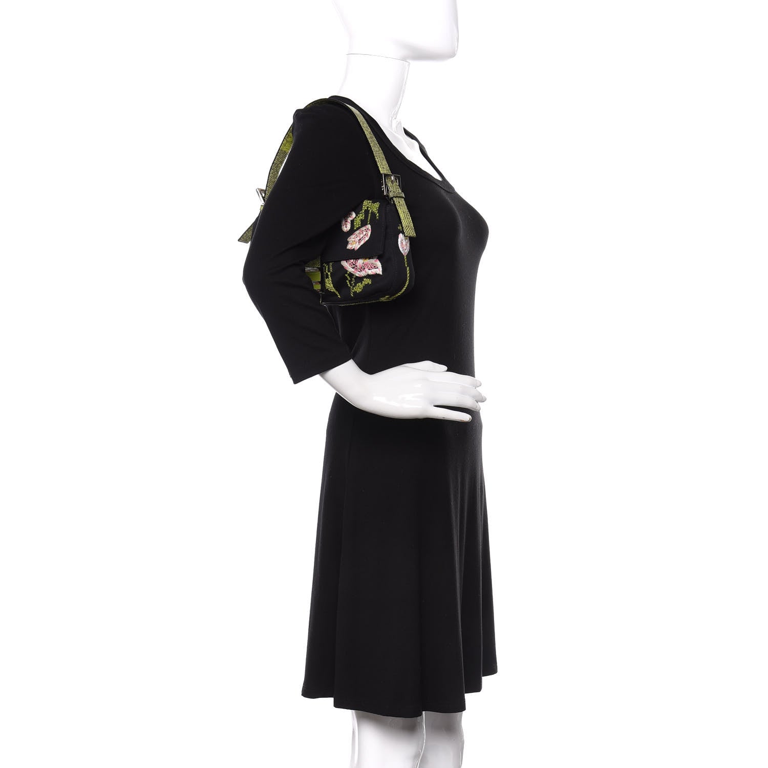 Fendi Canvas Lizard Embroidered Flower Baguette Black Multicolor 2 of 12