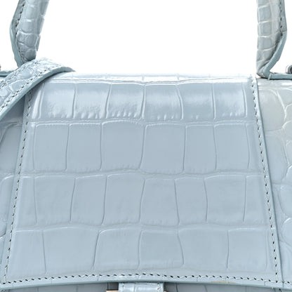 Balenciaga Shiny Calfskin Crocodile Embossed Small Hourglass Top Handle Bag Blue Grey 9 of 16