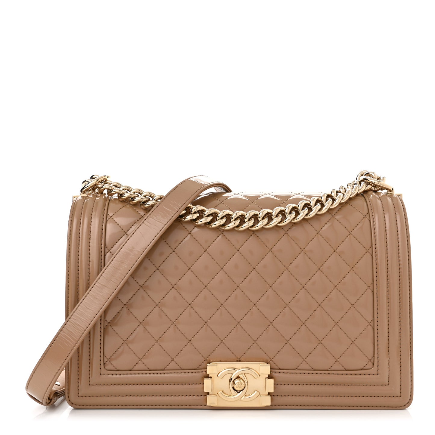 Iridescent Patent Calfskin New Medium Boy Flap Beige