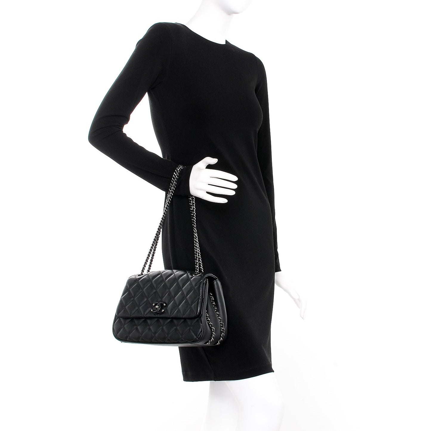 Calfskin Quilted Medium Frame In Chain Flap Black