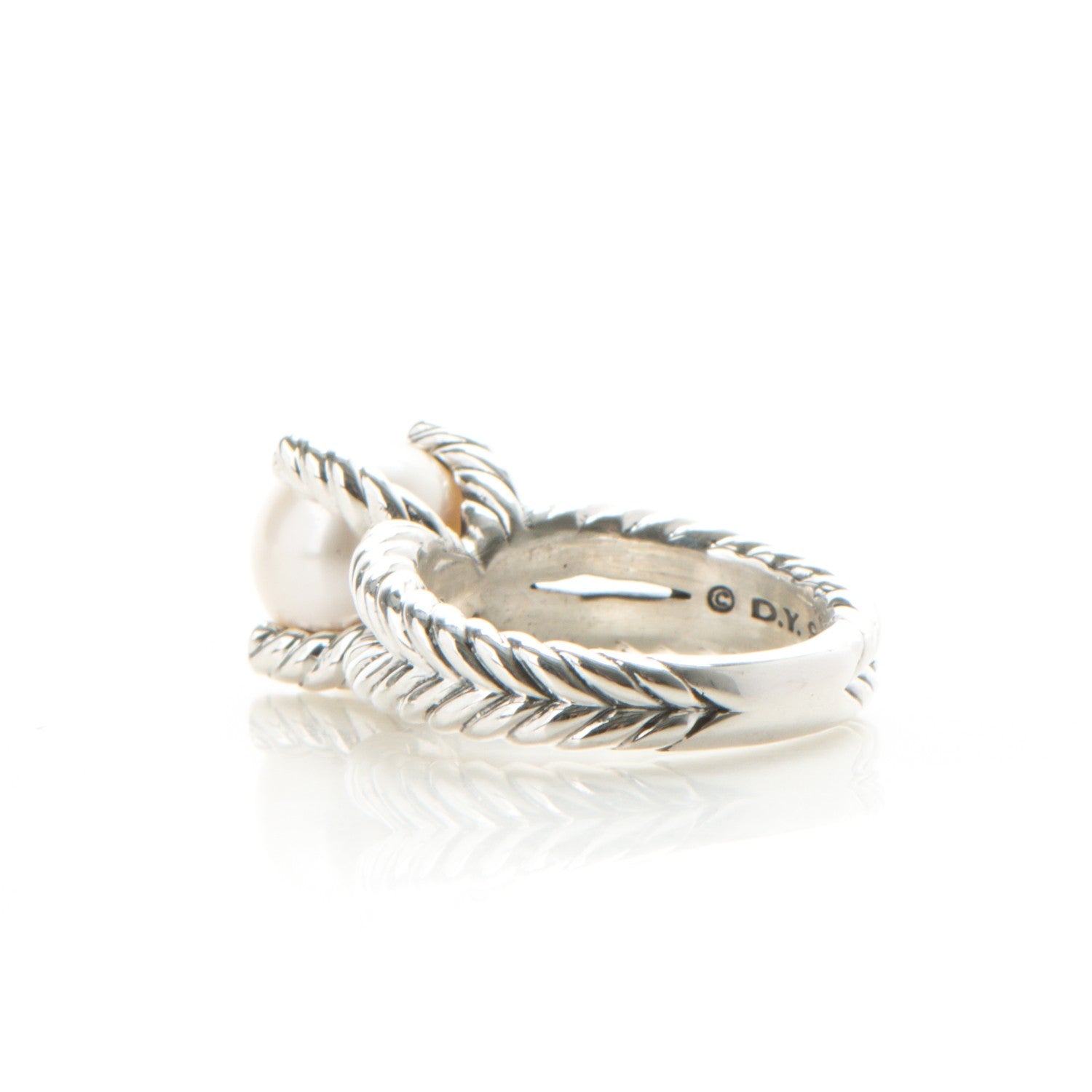 David Yurman Sterling Silver Pave Diamond 10mm Pearl Cable Ring 7 3 of 4