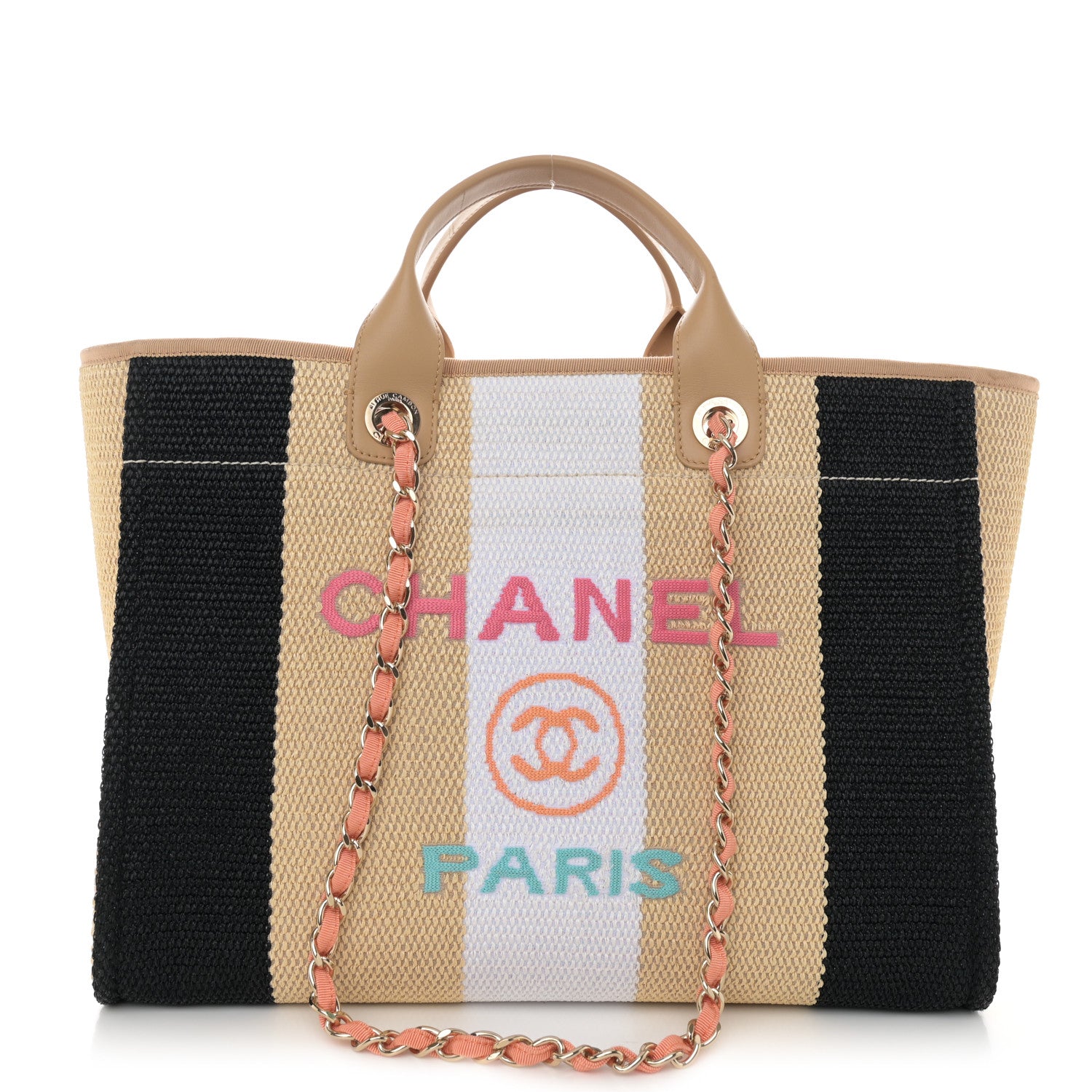 Chanel Straw Raffia Calfskin Striped Medium Deauville Tote Black Beige Ivory 1 of 15