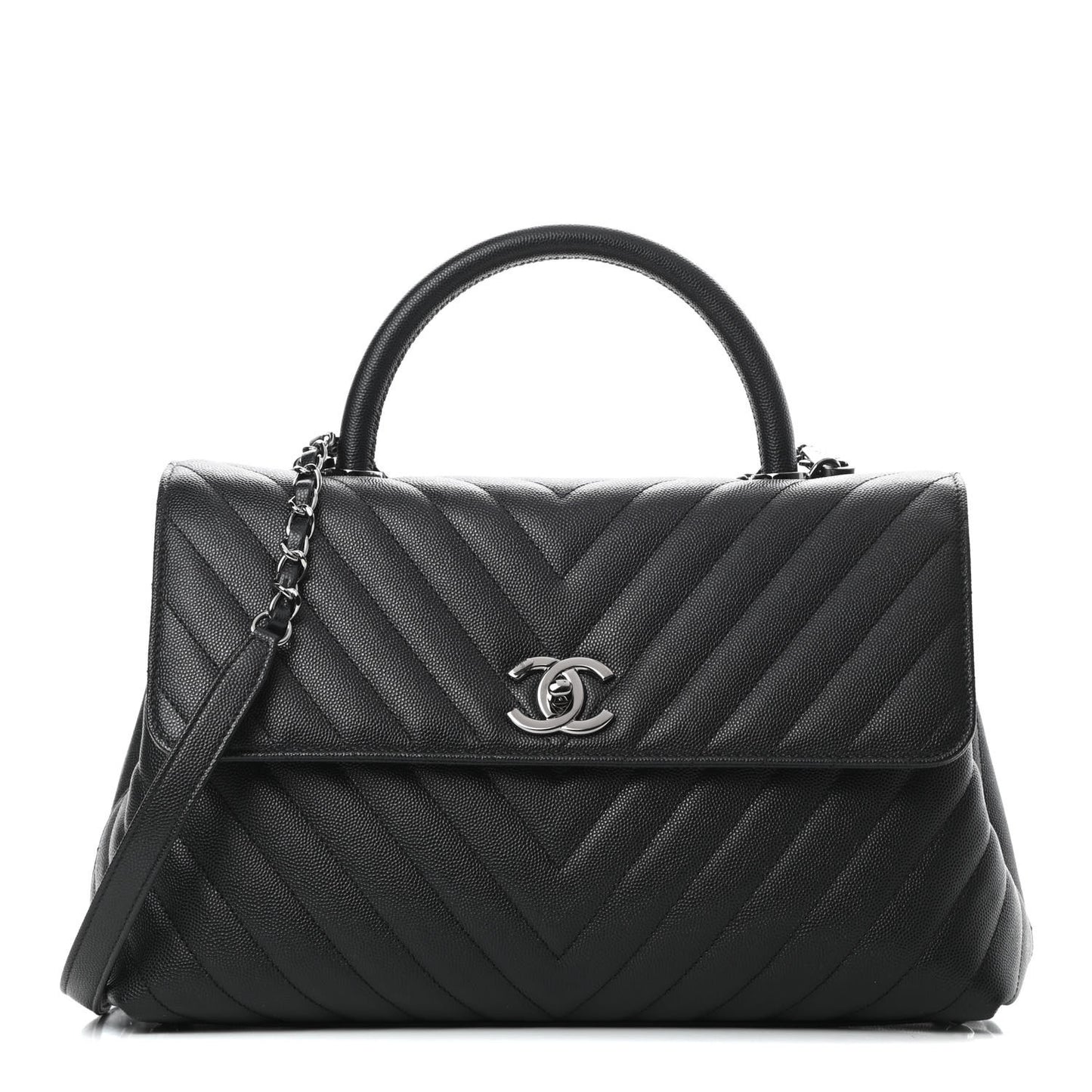 Caviar Chevron Quilted Medium Coco Handle Flap Black