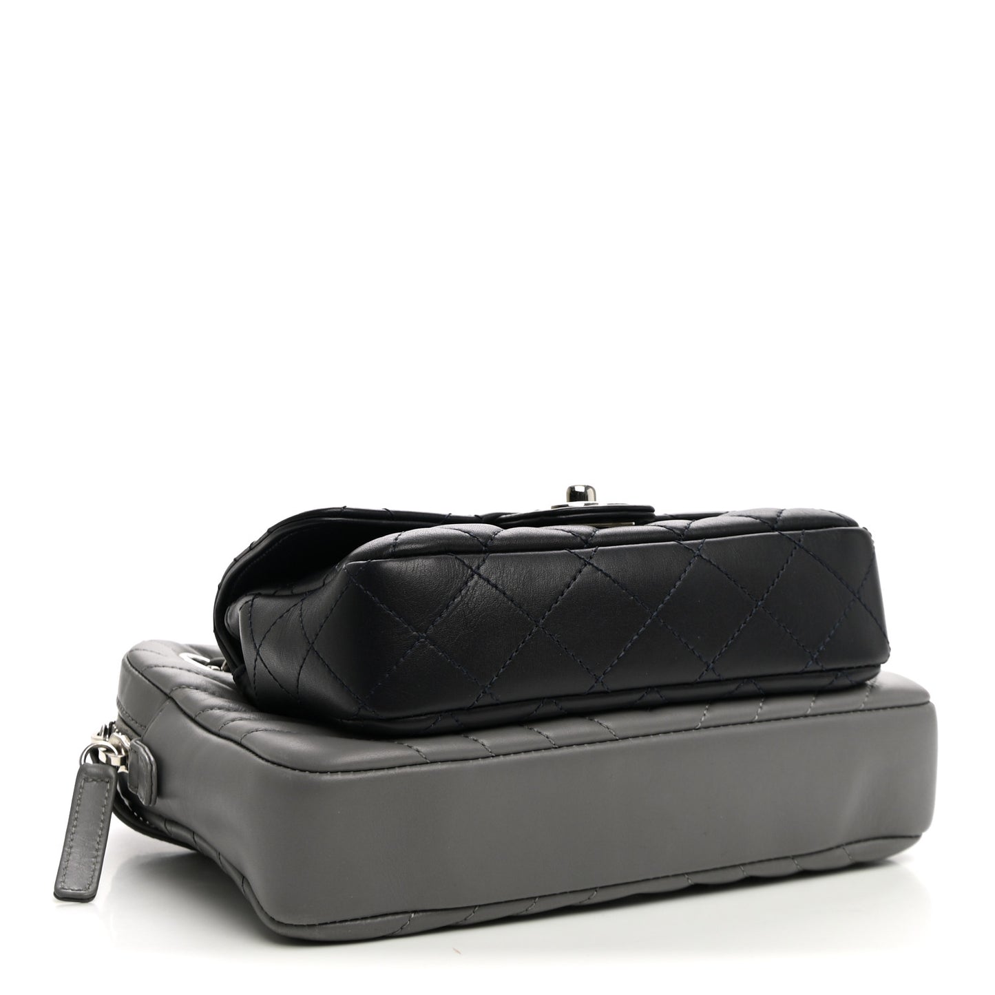 Calfskin Chevron Quilted Double Camera Bag With Flap Black Black Grey