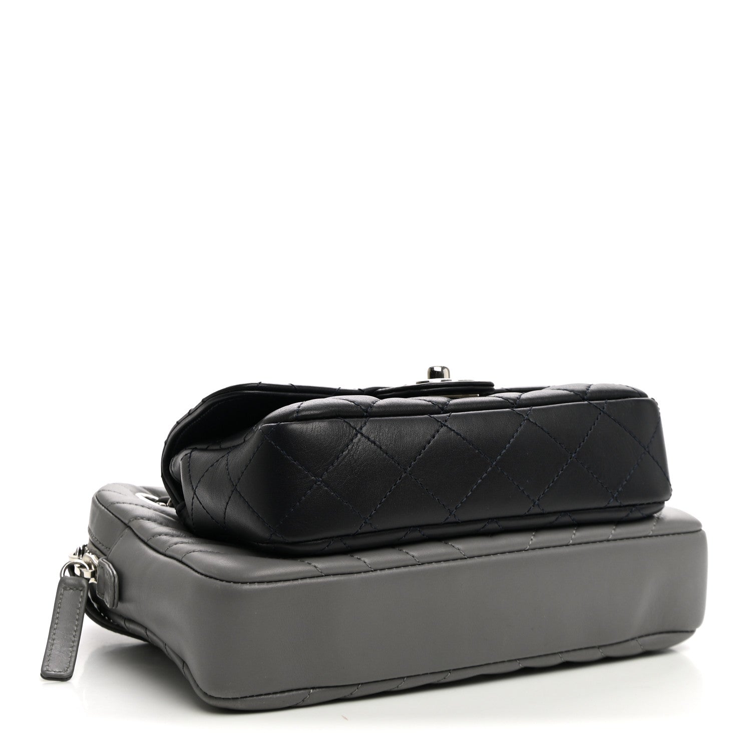 Chanel Calfskin Chevron Quilted Double Camera Bag With Flap Black Black Grey 4 of 12