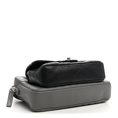 Chanel Calfskin Chevron Quilted Double Camera Bag With Flap Black Black Grey 4 of 12