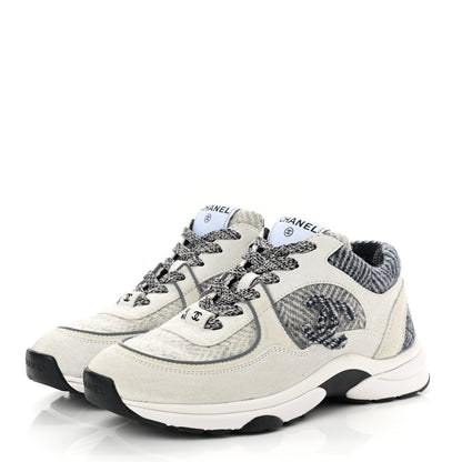 Chanel Fabric Suede Calfskin Womens CC Sneakers 36.5 Ivory Light Gray White 3 of 9
