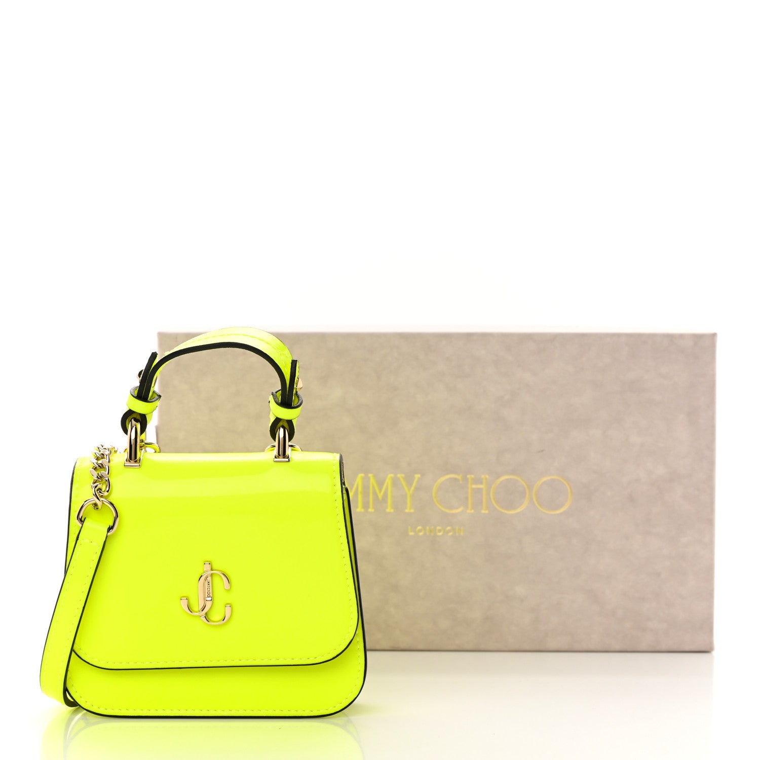 Jimmy Choo Patent Calfskin Micro Varenne Top Handle Satchel Neon Citron 13 of 13