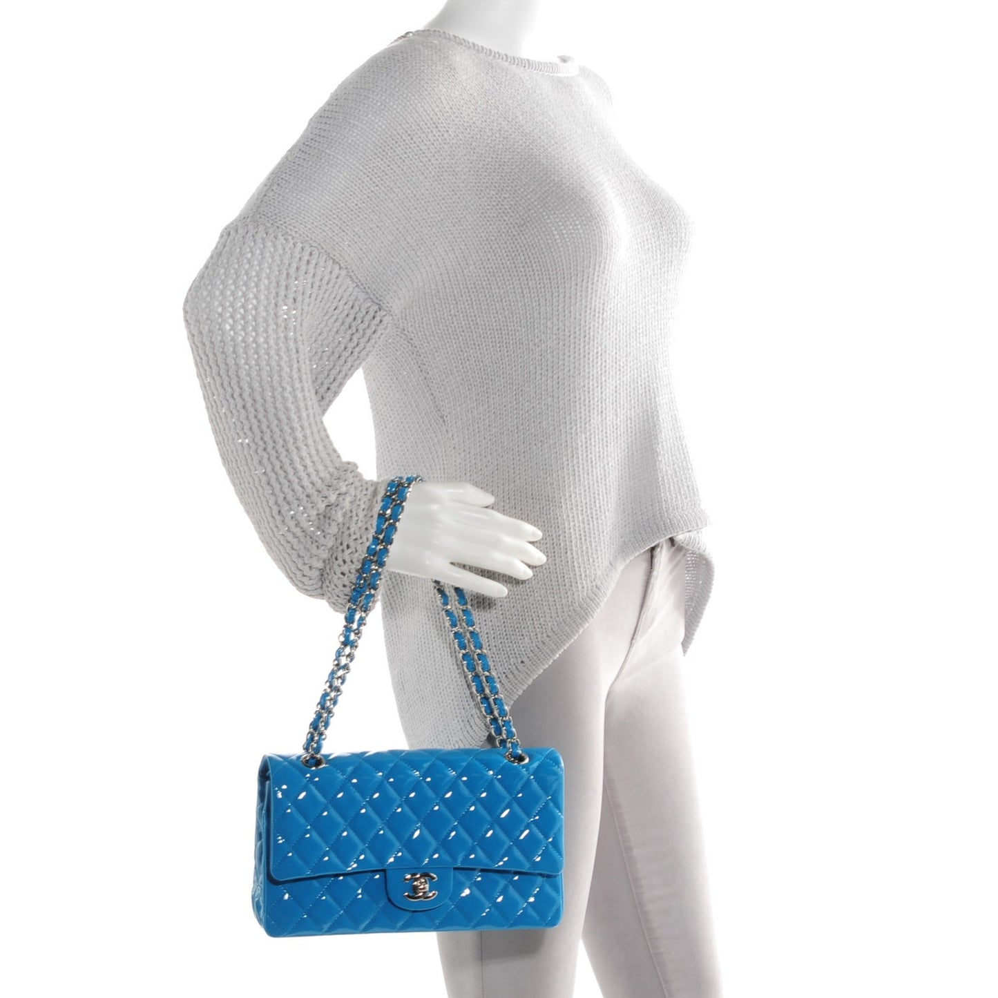Patent Calfskin Quilted Medium Double Flap Turquoise