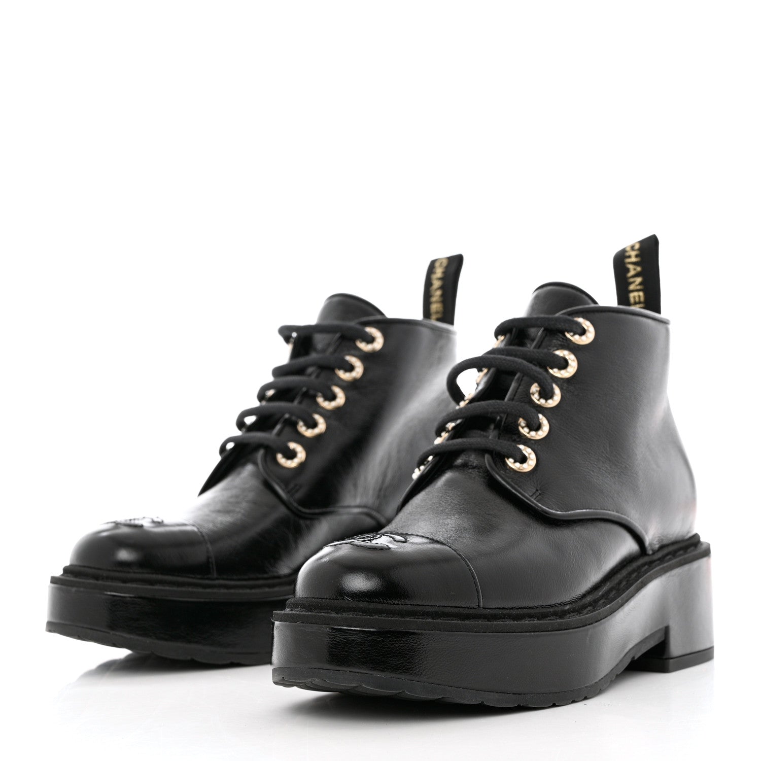 Chanel Shiny Calfskin Pearl Lace Up Combat Short Boots 36.5 Black 3 of 10