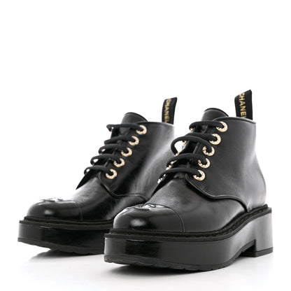 Chanel Shiny Calfskin Pearl Lace Up Combat Short Boots 36.5 Black 3 of 10