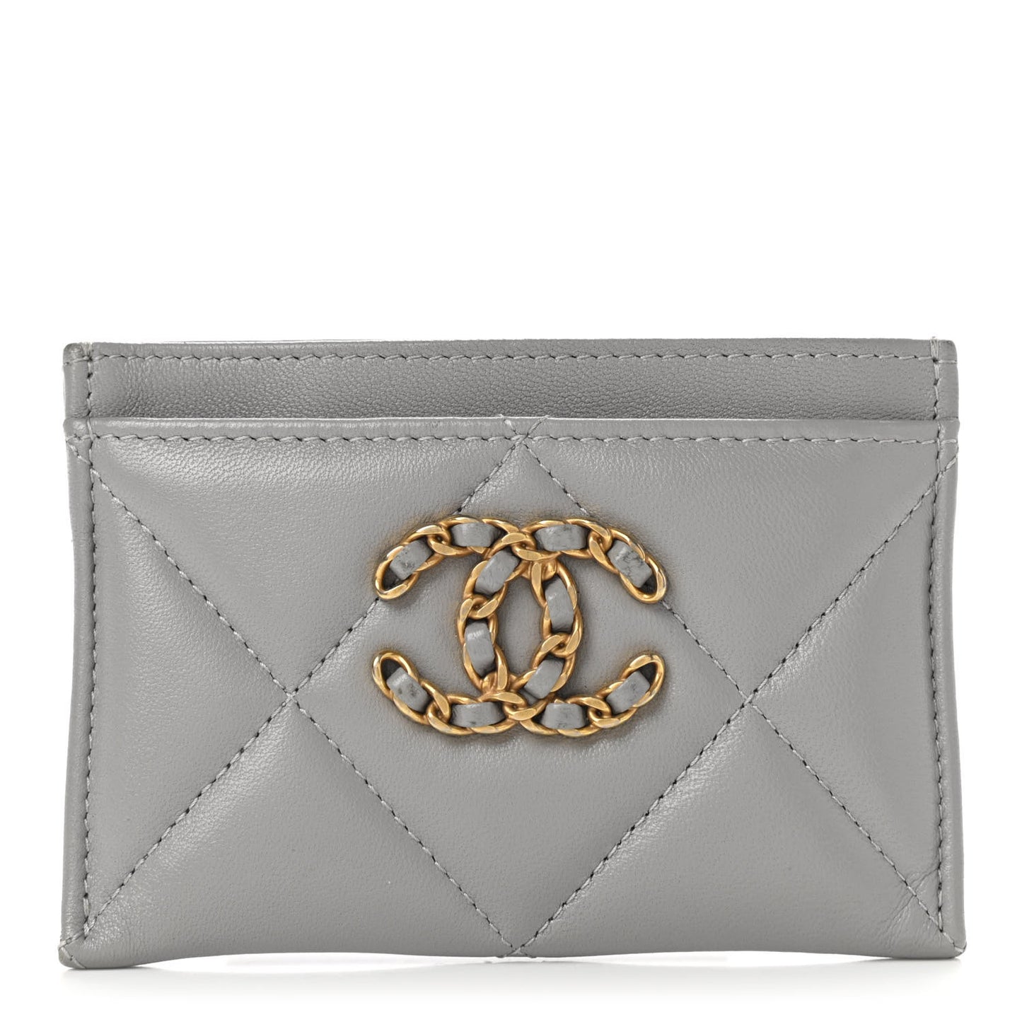Lambskin Quilted Chanel 19 Card Holder Grey