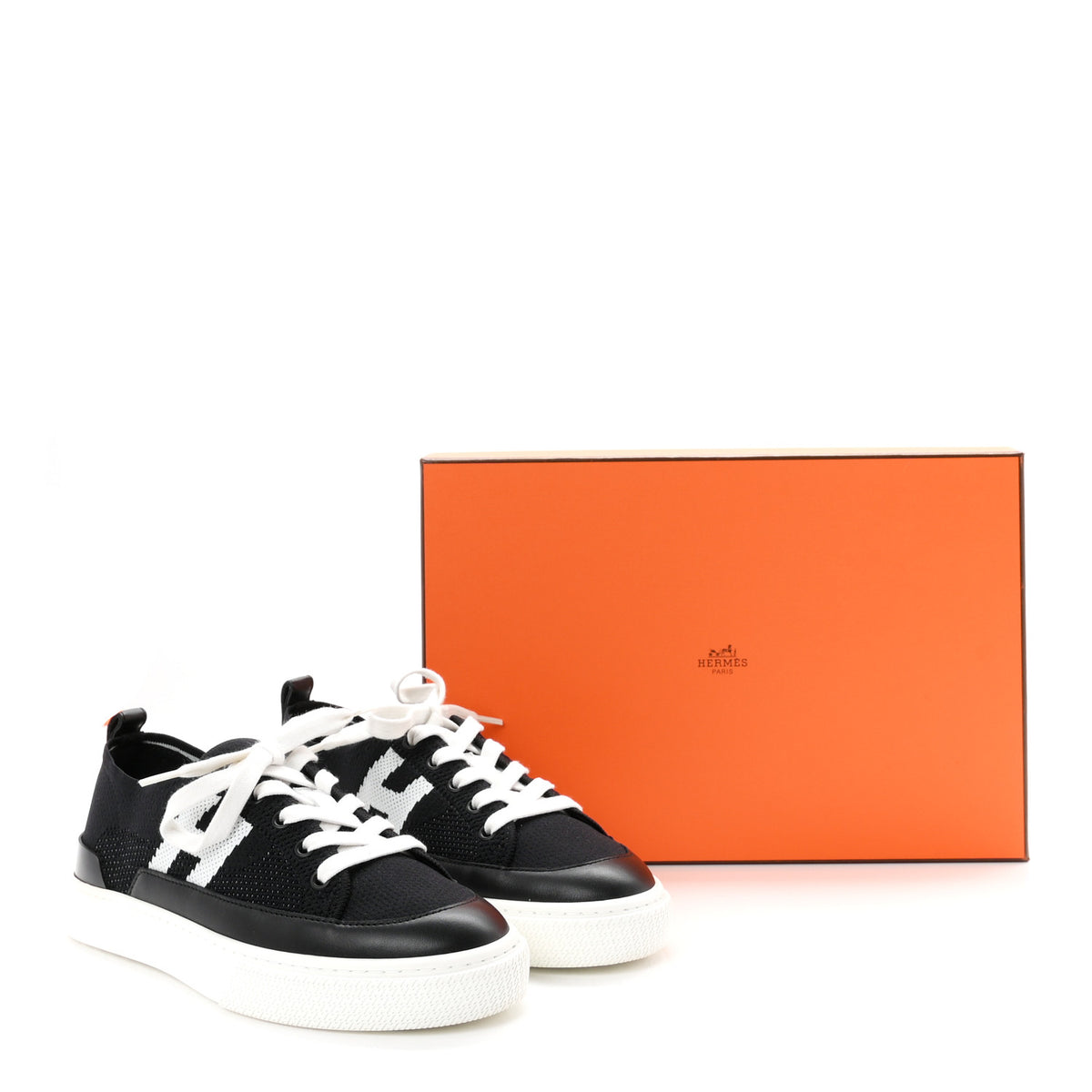 Knit Fabric Calfskin Deep Sneakers 36.5 Black White