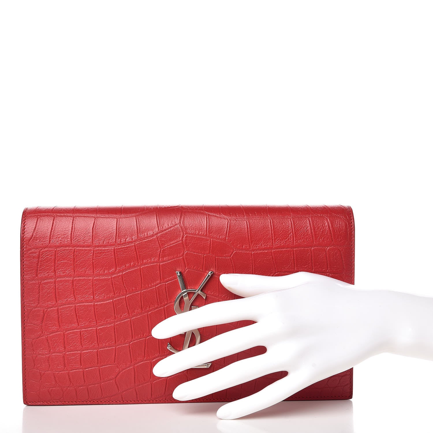 Saint Laurent Calfskin Crocodile Embossed Classic Kate Monogram Clutch Red 2 of 11