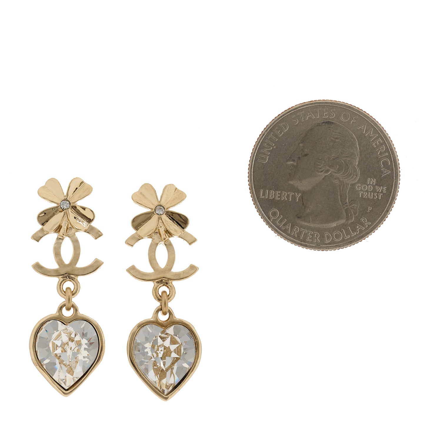 Metal Crystal CC Heart Drop Earrings Gold