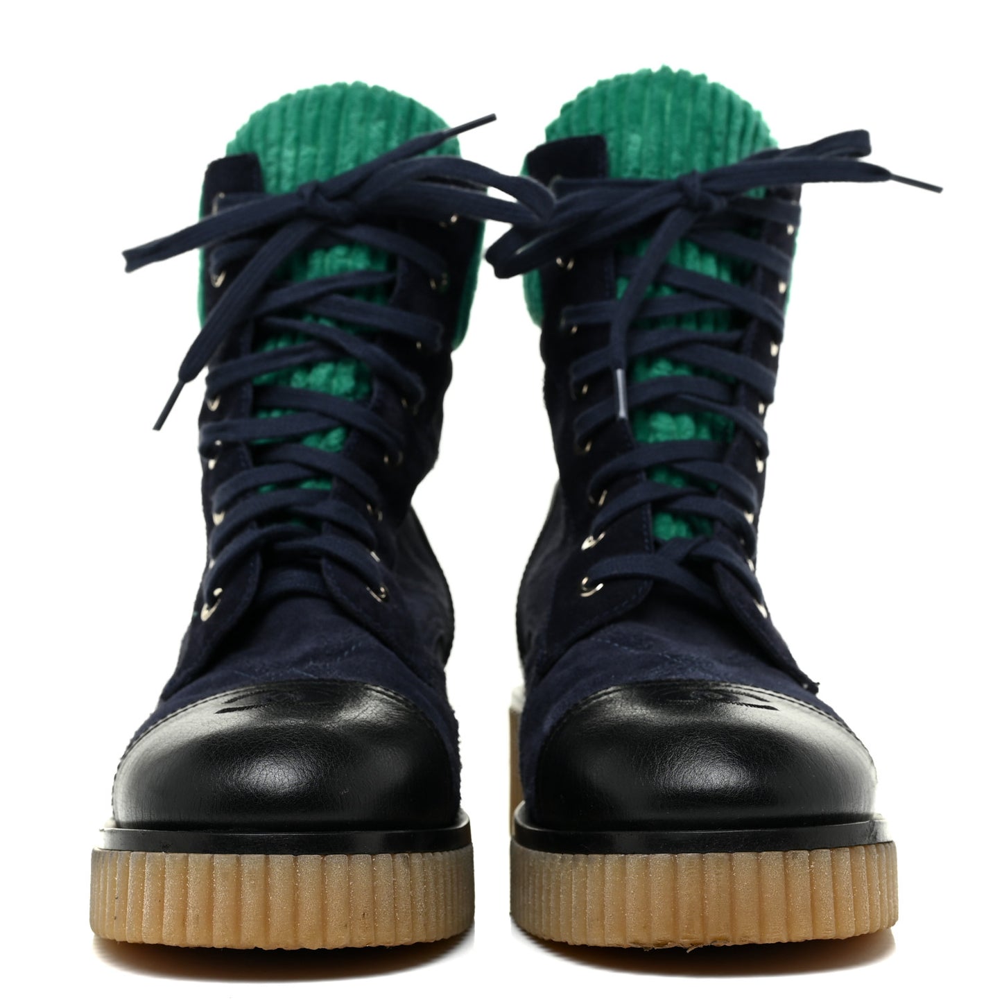 Suede Calfskin Velvet Quilted CC Combat Boots 38.5 Navy Green Black