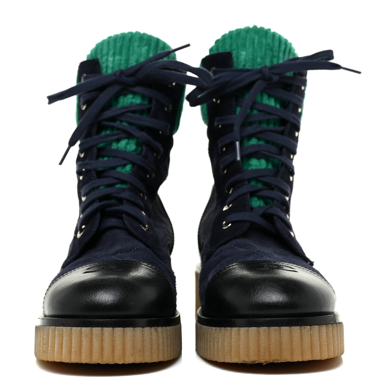 Chanel Suede Calfskin Velvet Quilted CC Combat Boots 38.5 Navy Green Black 2 of 12