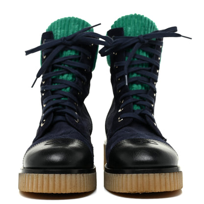 Chanel Suede Calfskin Velvet Quilted CC Combat Boots 38.5 Navy Green Black 2 of 12