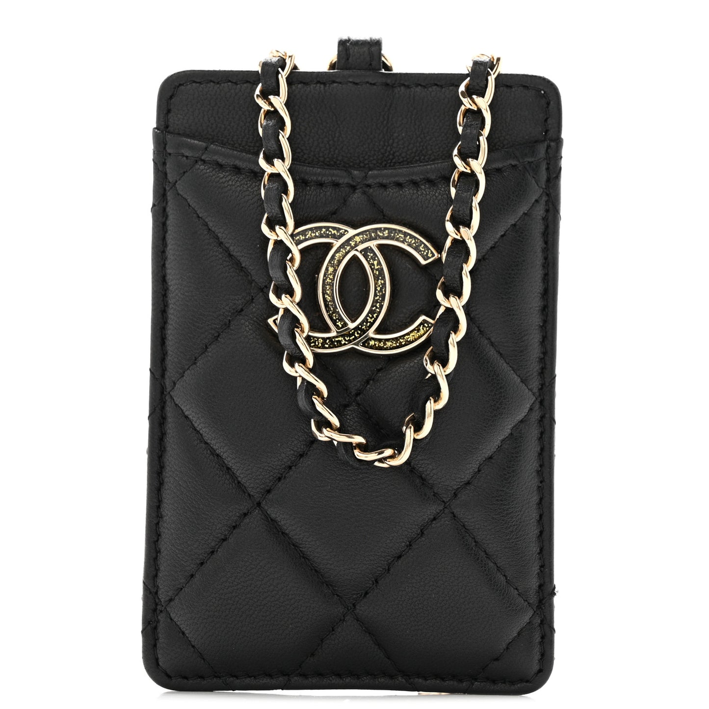 Lambskin Quilted Glitter Card Holder On Chain Black