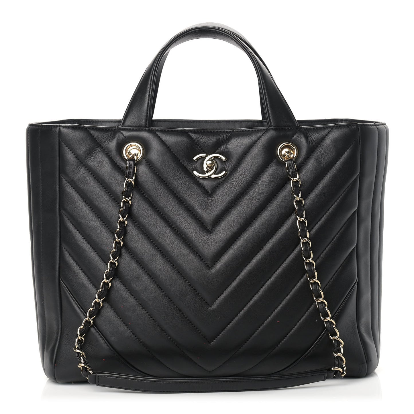 Calfskin Chevron Quilted Large Shopping Tote Black