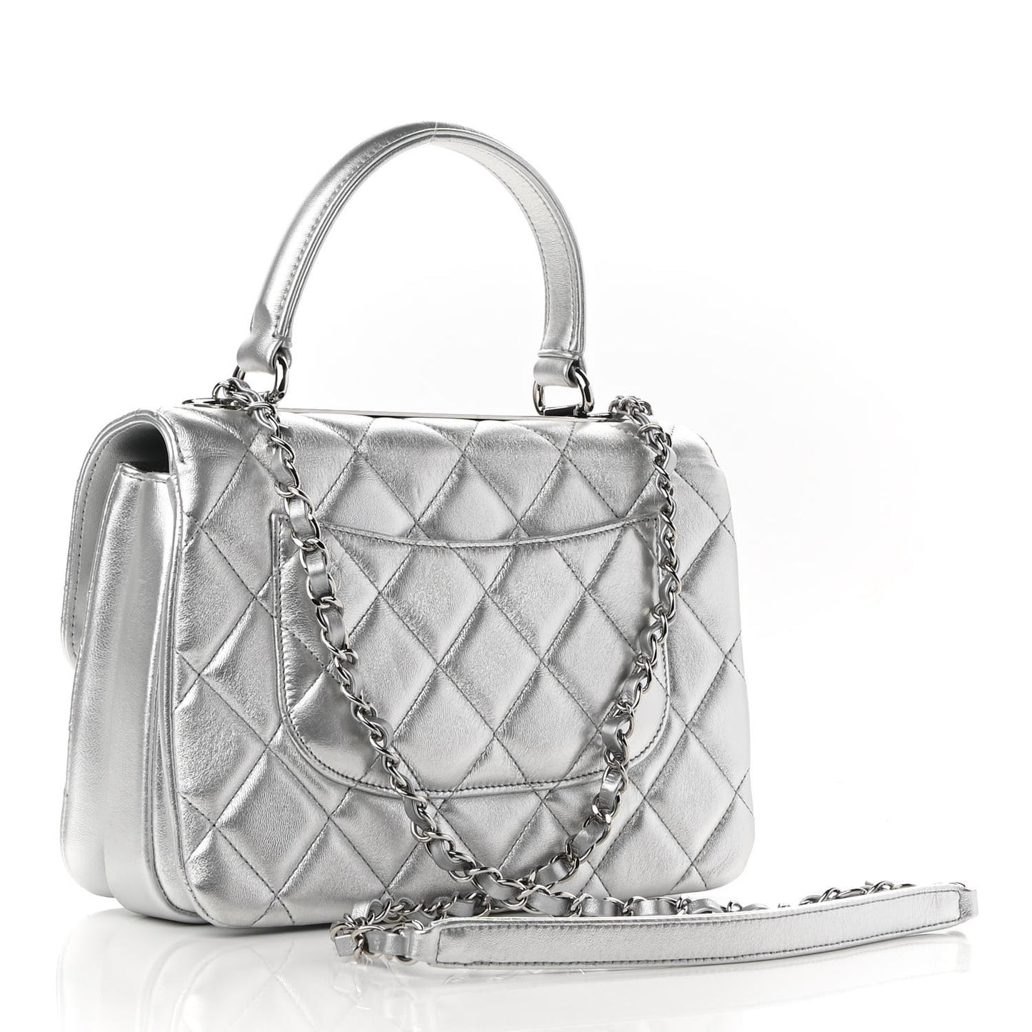 Metallic Lambskin Quilted Small Trendy CC Flap Dual Handle Bag Silver