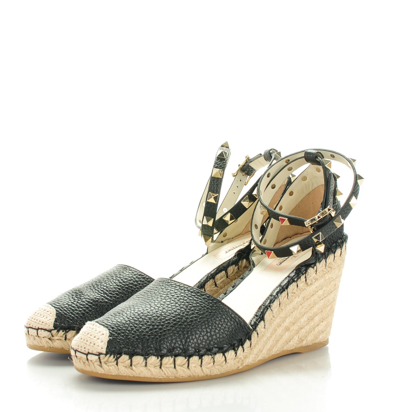 Grained Calfskin Rockstud Ankle Wrap Espadrille 15/85mm Wedges 40 Black Light Ivory