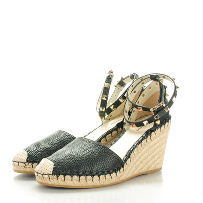 Valentino Garavani Grained Calfskin Rockstud Ankle Wrap Espadrille 15/85mm Wedges 40 Black Light Ivory 3 of 8
