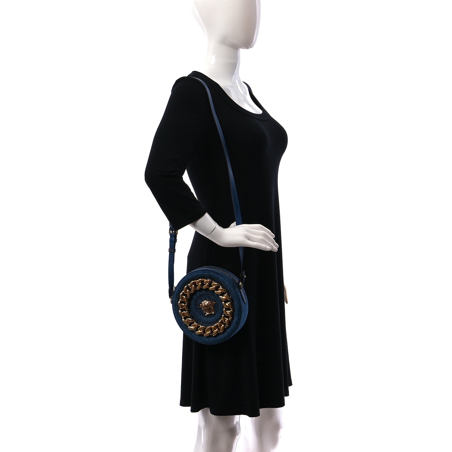 Versace Denim Mini La Medusa Chain Round Crossbody Bag Navy Blue 2 of 9