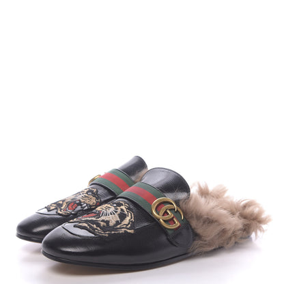 Gucci Goatskin Fur Web GG Tiger Embroidered Mens Princetown Slippers 8 Black 3 of 9
