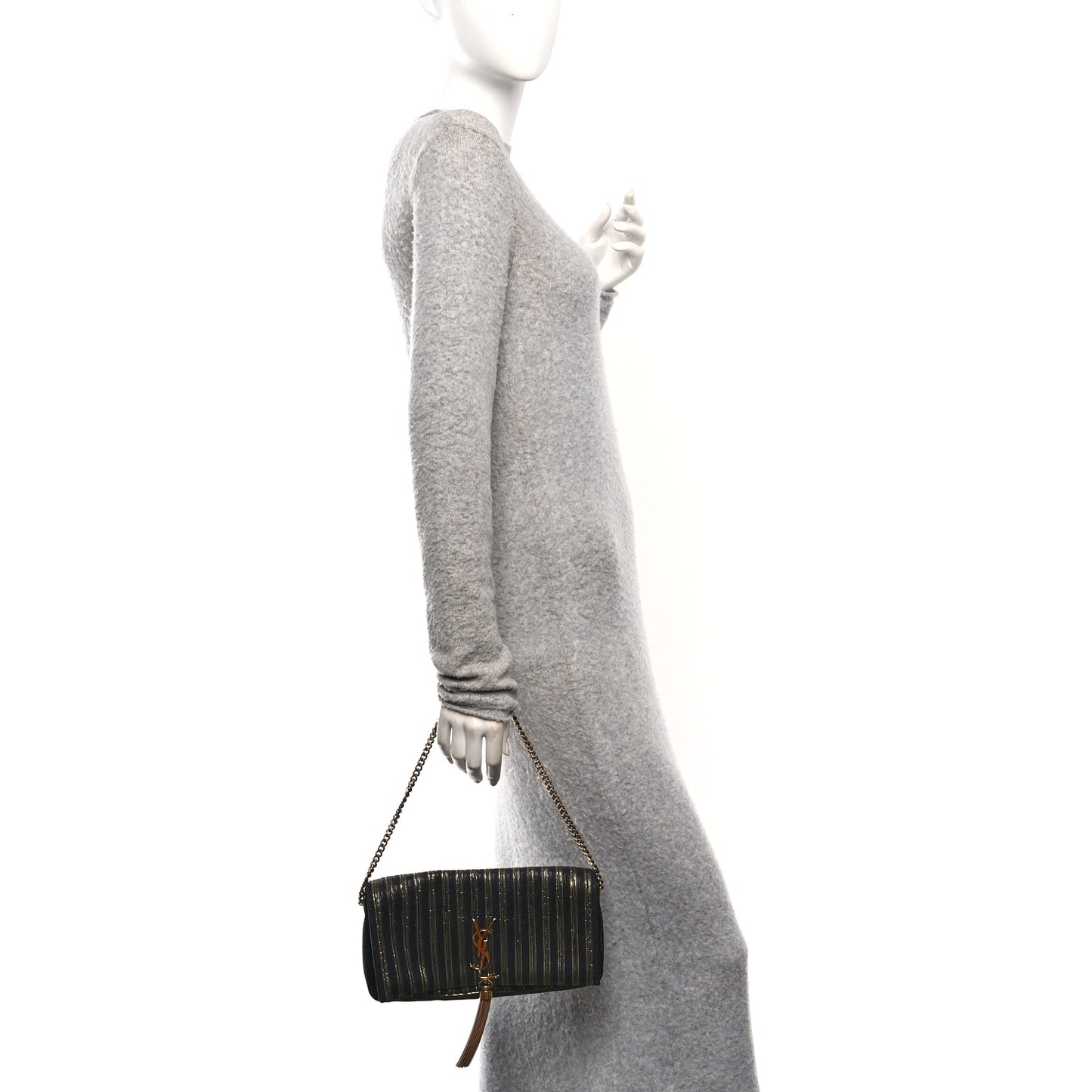 Striped Fabric Monogram Tassel Kate 99 Baguette Bag Black Gold