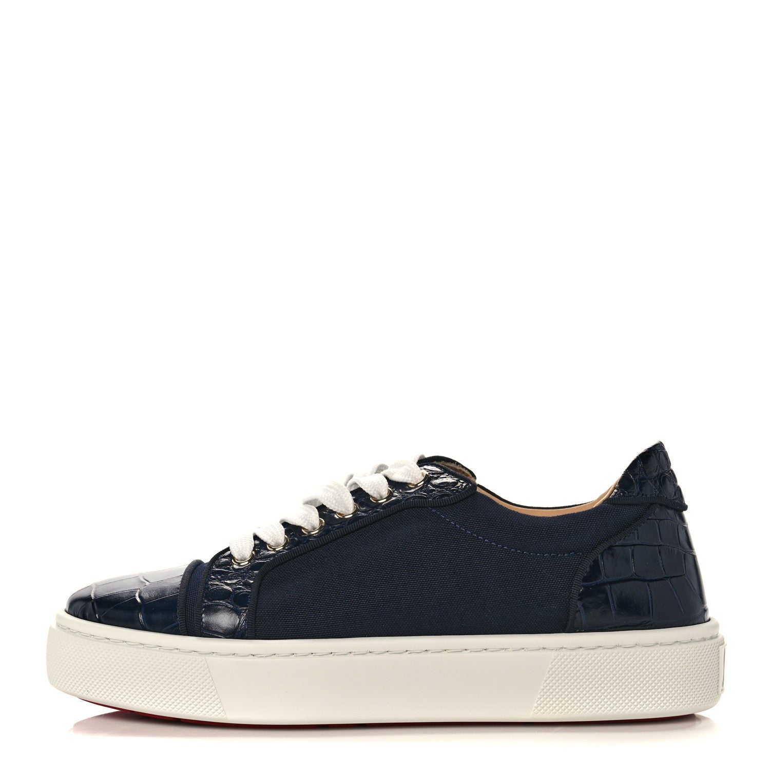 Christian Louboutin Calfskin Crocodile Embossed Mens Louis Junior Flat Sneakers 8 Navy 1 of 8