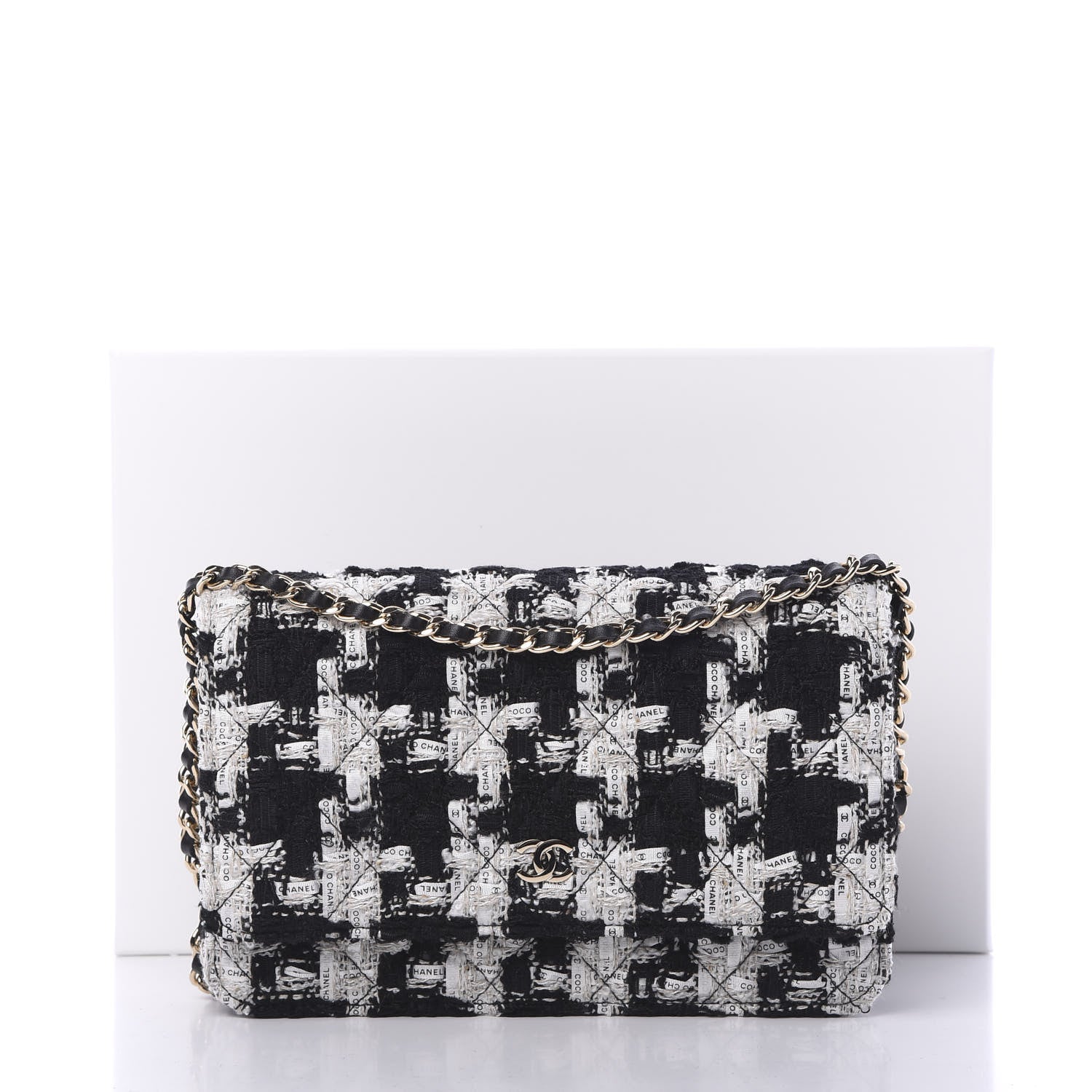 Chanel Tweed Quilted Wallet On Chain WOC Black Ecru White 11 of 11