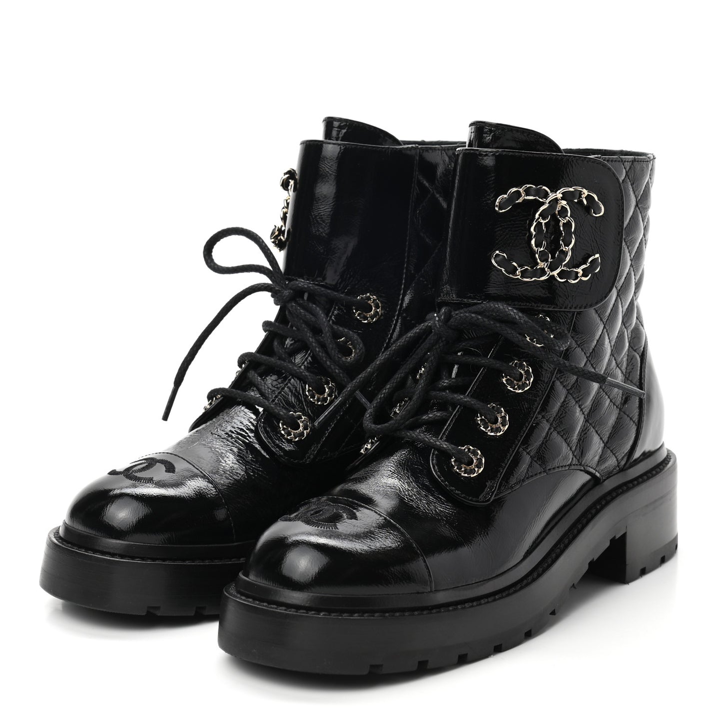 Shiny Calfskin Quilted Lace Up Combat Boots 36.5 Black