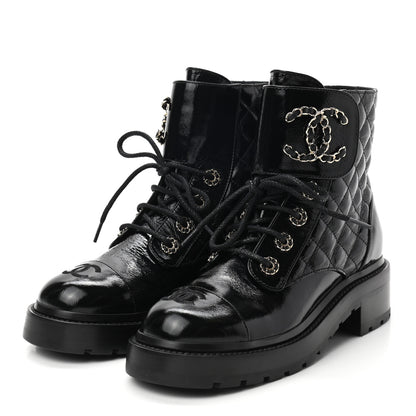 Chanel Shiny Calfskin Quilted Lace Up Combat Boots 36.5 Black 3 of 9