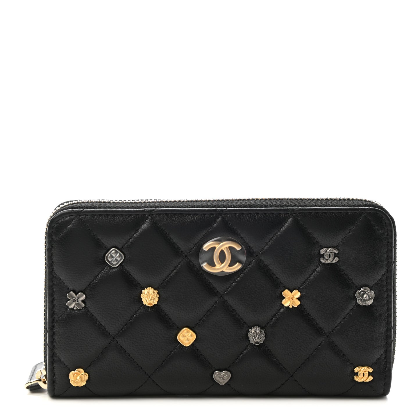 Lambskin Quilted Small Lucky Charms Zip Around Wallet Black