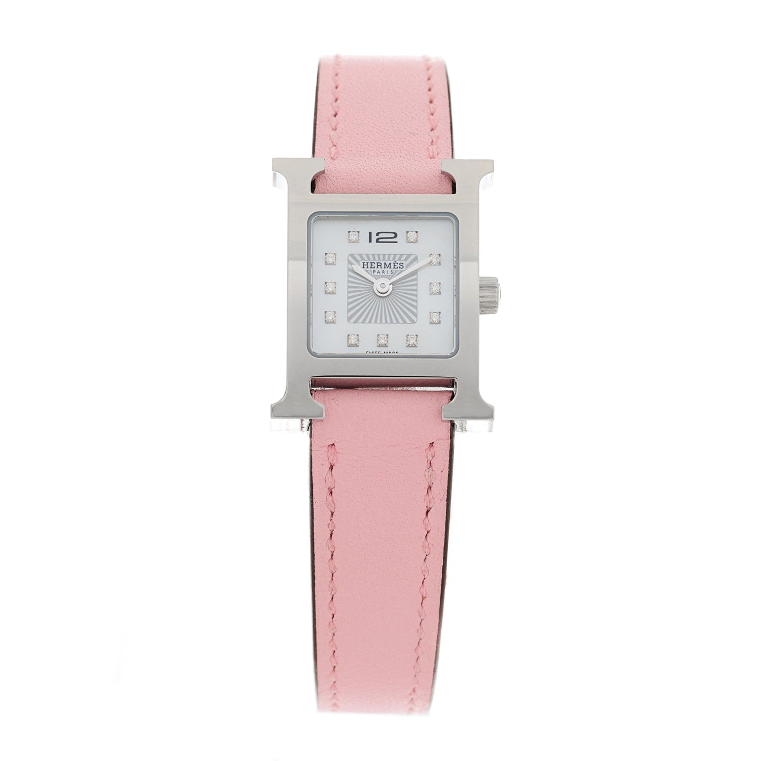 Hermes Stainless Steel Swift Diamond Mother of Pearl 17.2mm Heure H Hour Quartz Watch Rose Sakura 1 of 5