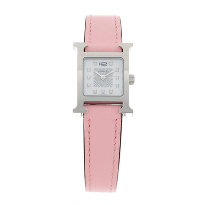 Hermes Stainless Steel Swift Diamond Mother of Pearl 17.2mm Heure H Hour Quartz Watch Rose Sakura 1 of 5