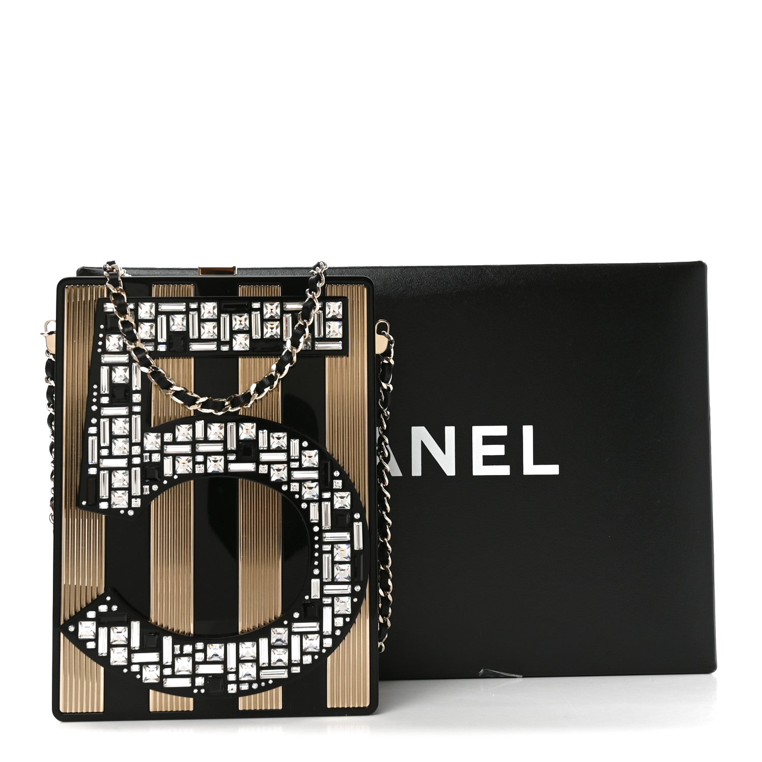 Chanel Plexiglass Strass Mosaic No 5 Minaudiere Clutch Black Gold