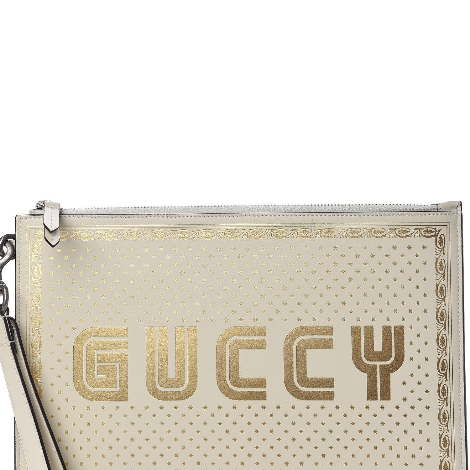 Gucci X SEGA Calfskin GUCCY Stars Zip Wristlet Pouch Mystic White Gold 10 of 10