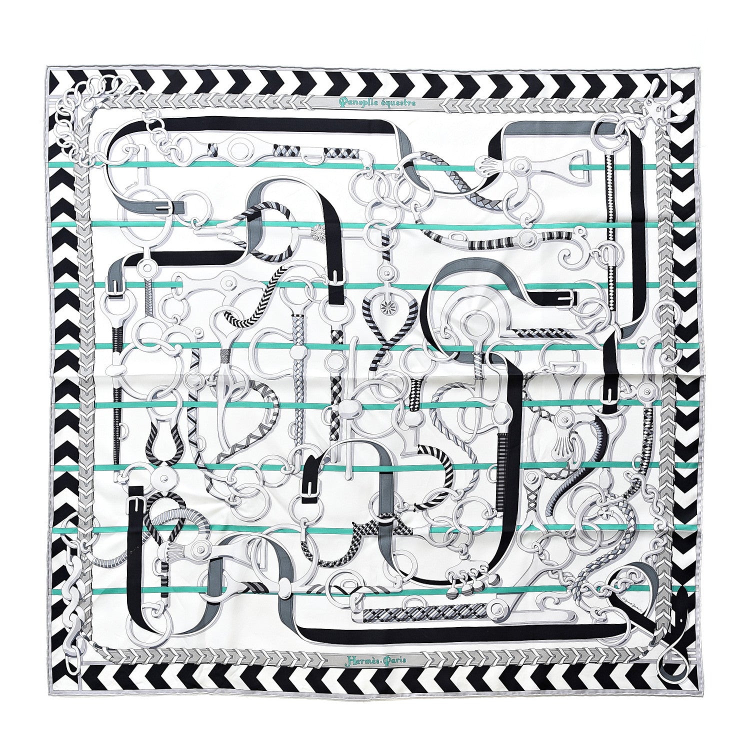 Hermes Silk Panoplie Equestre Scarf 90 Gris Blanc Menthol 1 of 5
