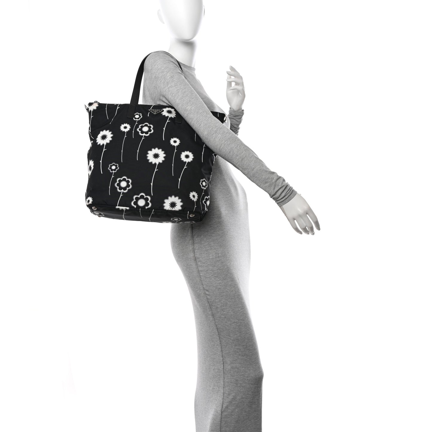 Tessuto Stampato Nylon Saffiano Floral Print Tote Black White