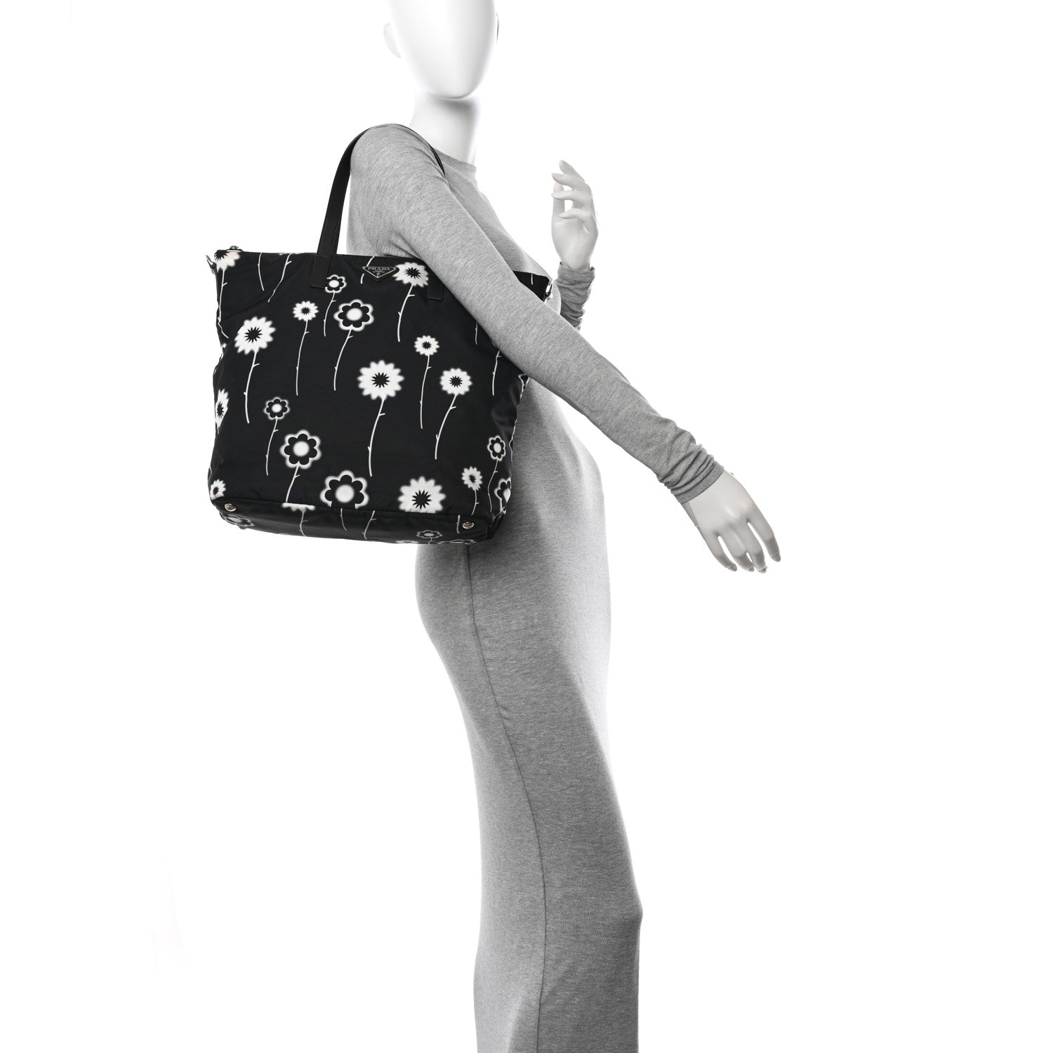 Prada Tessuto Stampato Nylon Saffiano Floral Print Tote Black White 2 of 11