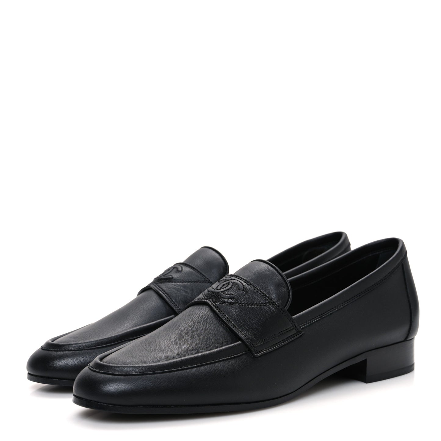 Calfskin Womens Stitched CC Loafers 38 Black