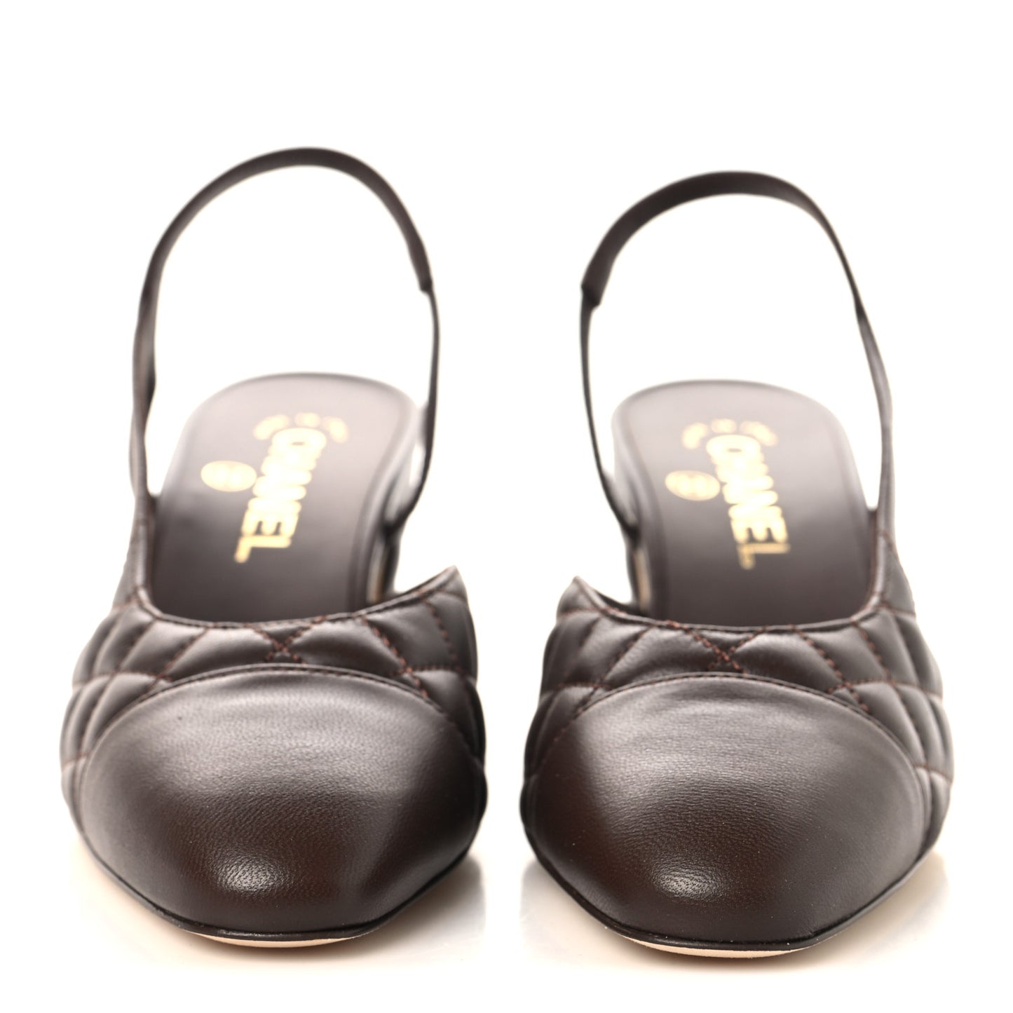 Lambskin Quilted Cap Toe CC Slingback Pumps  37.5 Brown