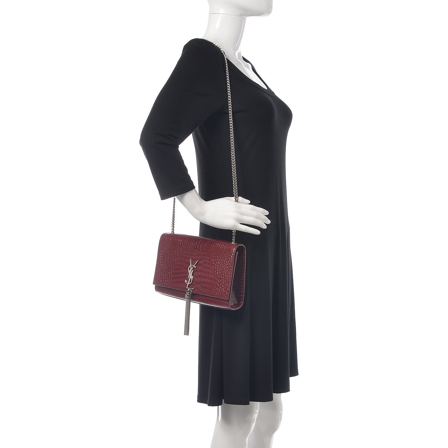 Saint Laurent Calfskin Crocodile Embossed Medium Classic Monogram Kate Tassel Satchel Dark Red 2 of 9